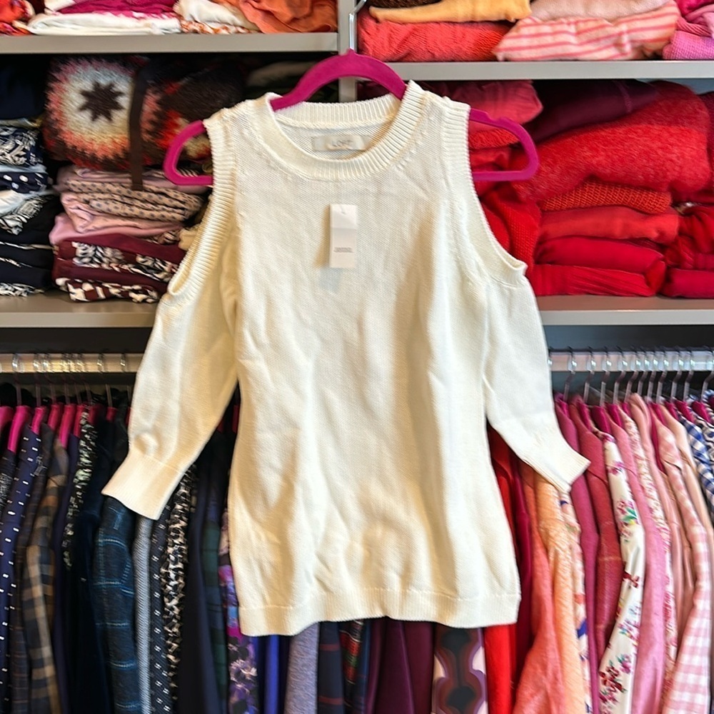 Loft ecru cold shoulder crew neck long sleeve sweater size XS NWT​